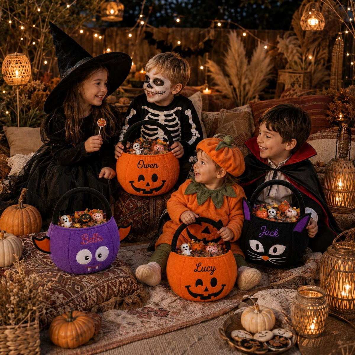 Personalized Halloween Trick Or Treat Candy Bucket, Custom Embroidered Plush Pumpkin Basket 686280 WFD