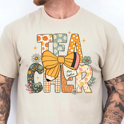 Custom Name Floral Teacher Bright Shirt, Personalized Vintage Pencil & Bow Tee, Back To School Gift 685710