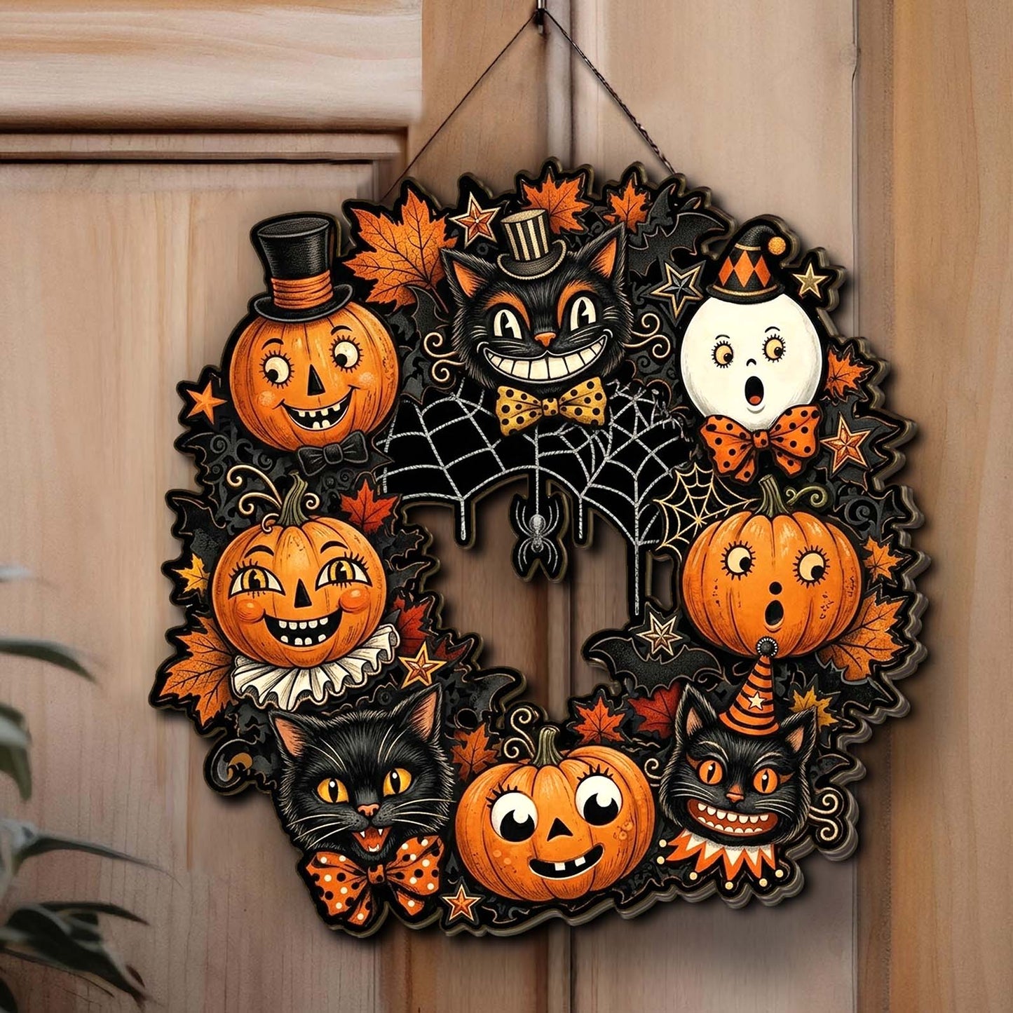 Custom Family Name Halloween Wooden Sign - Vintage Pumpkin & Black Cat Door Wreath 685857