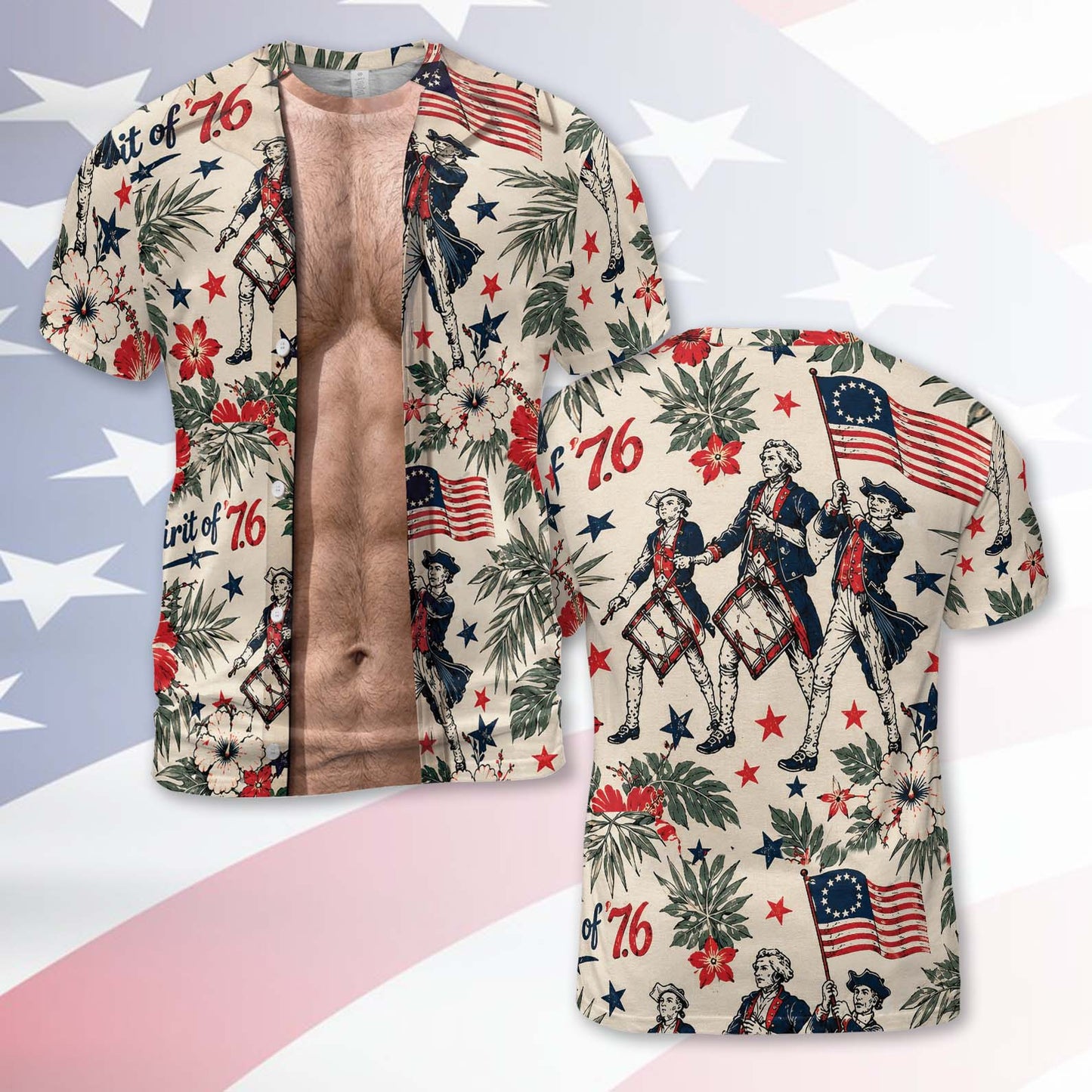 Funny USA 250th Anniversary AOP Shirt, Vintage Spirit Of 76 Tee, Patriotic 4th Of July Party Gift 685795