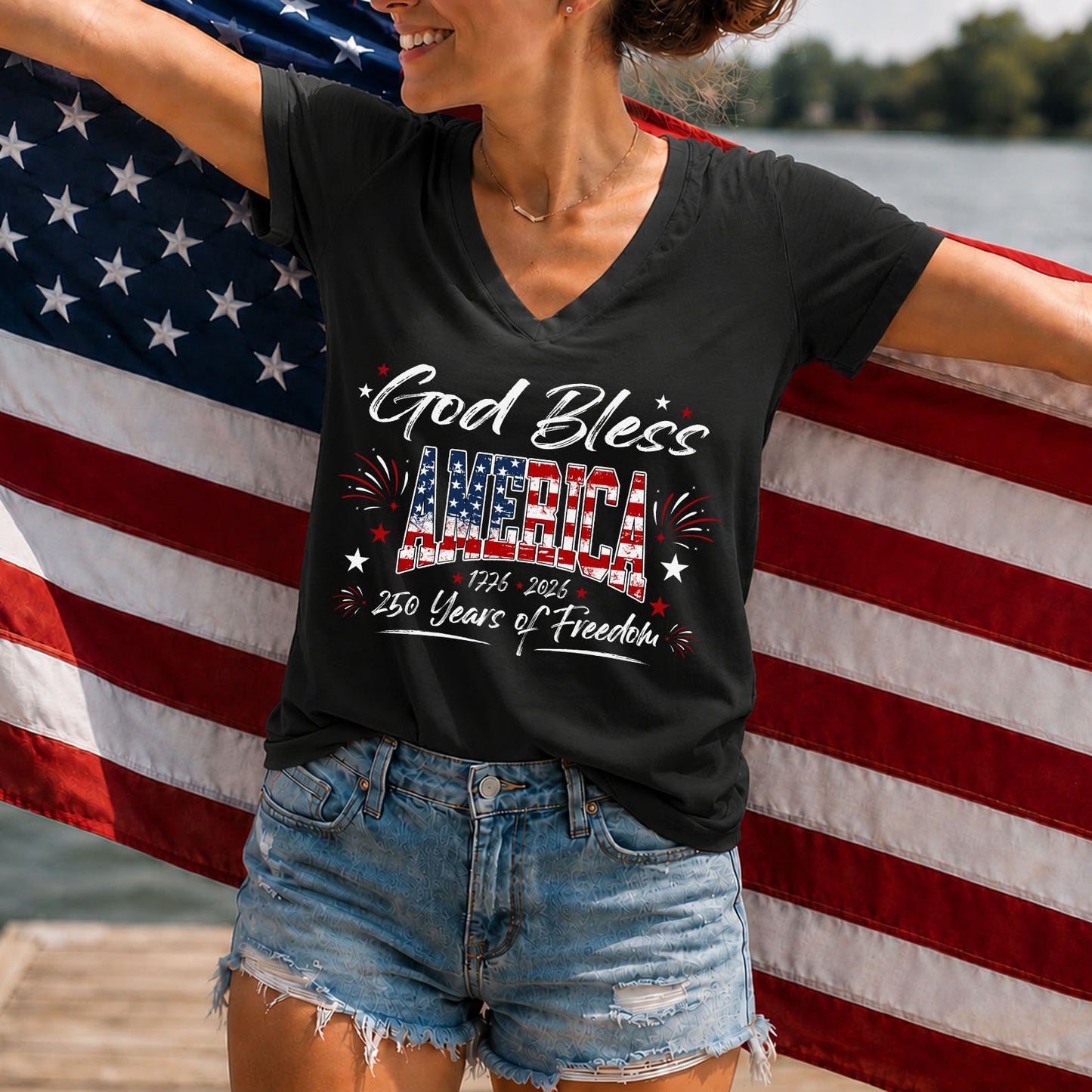 Personalized God Bless America V-Neck Shirt, 250 Years Of Freedom Patriotic Women Tee 685393