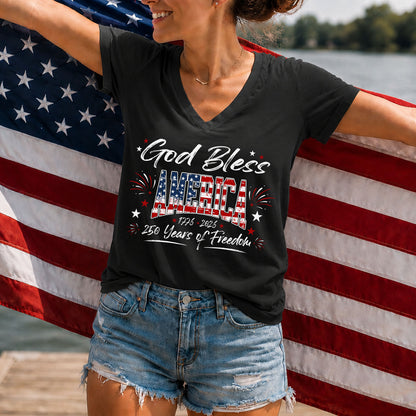 Personalized God Bless America V-Neck Shirt, 250 Years Of Freedom Patriotic Women Tee 685393
