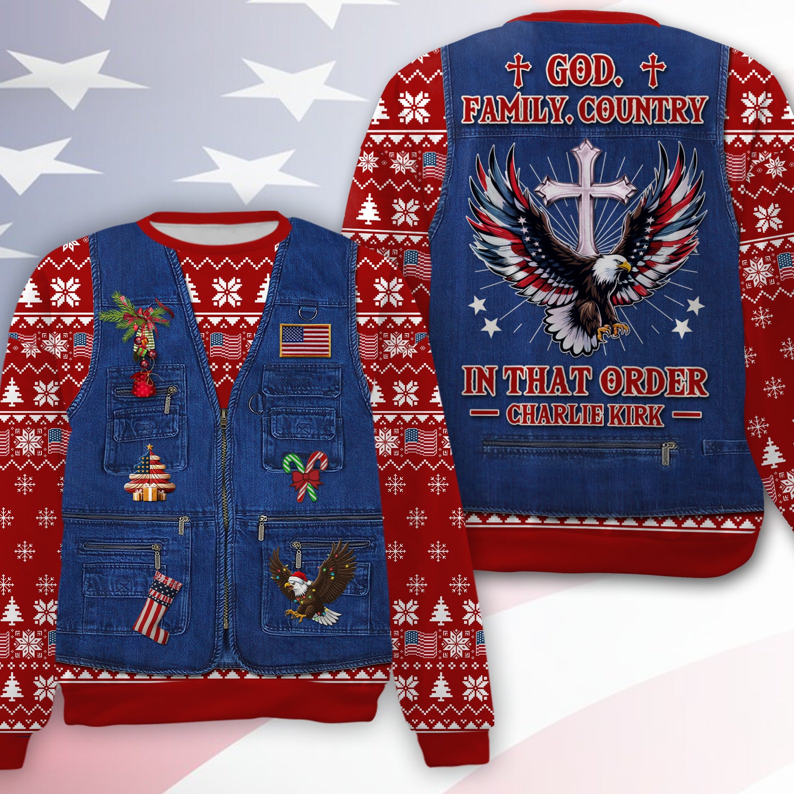 God Family Country Charlie Kirk Ugly Sweater | Justice Charlie Kirk All-Over-Printed Sweatshirt | Pray For Charlie Kirk Christmas Shirt 683617