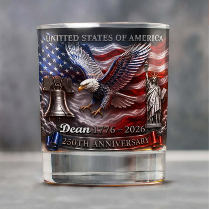Personalized USA 250th Anniversary Whiskey Glass, Custom Name Patriotic 4th Of July Glass 685289