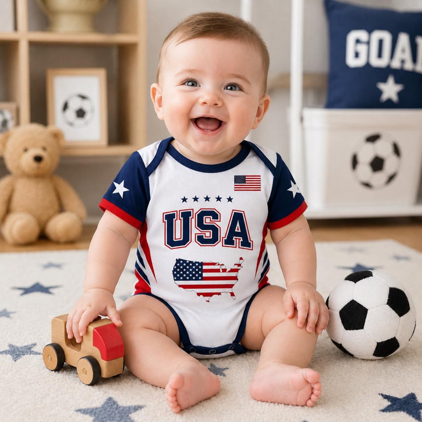 Personalized USA Baby Soccer Bodysuit, Custom Name Number Infant Outfit, American Flag Baby Romper, Gift For Newborn 685426 WFD