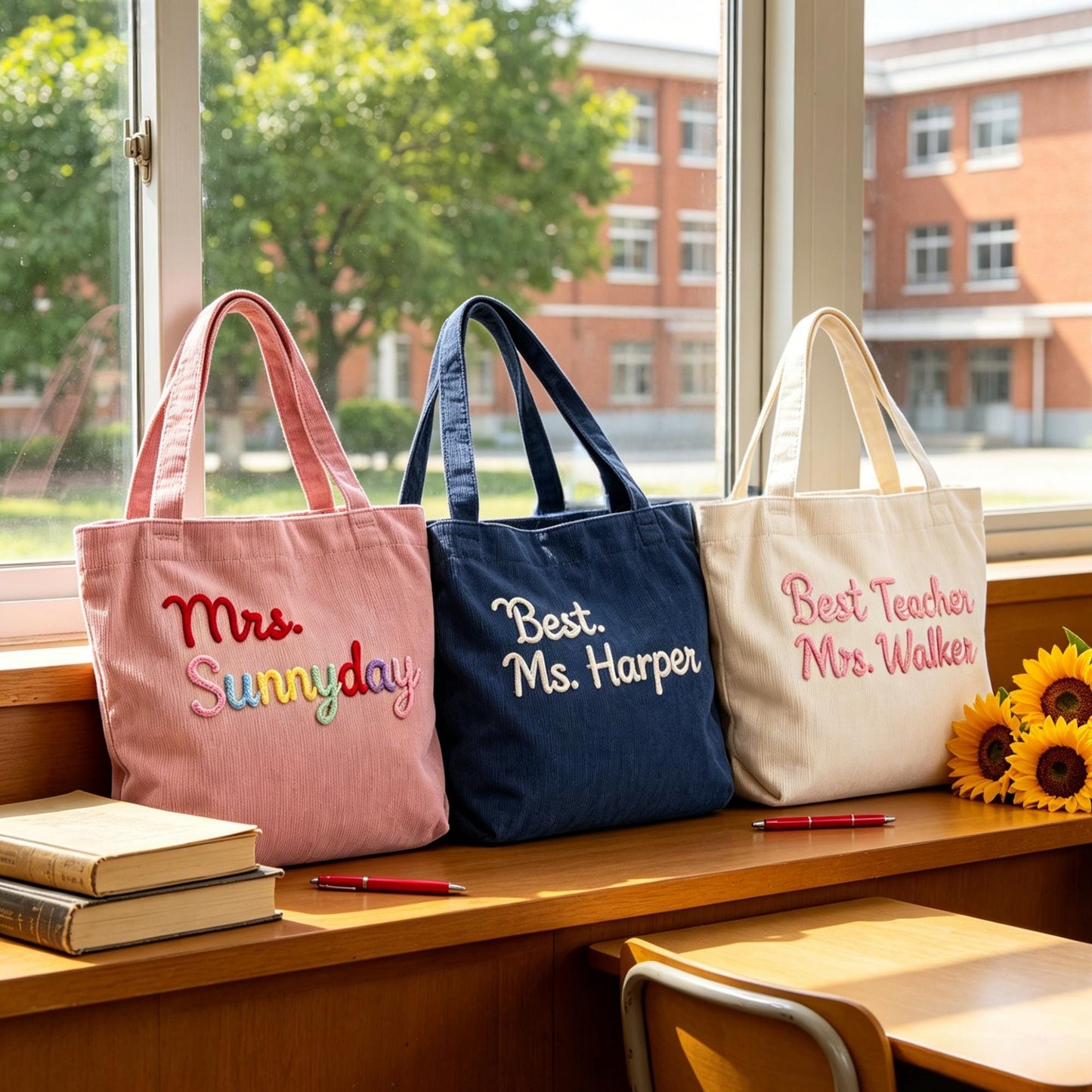 Personalized Corduroy Teacher Tote Bag, Custom Embroidered Name Tote, Back To School Gift For Teacher 685494