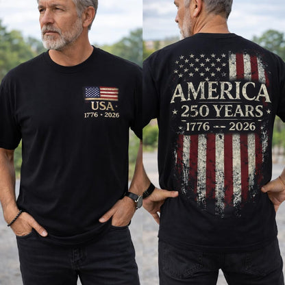 America 250 Years Anniversary Pocket & Back Dark Shirt, Patriotic 4th Of July Tee, Vintage Semiquincentennial Gift 685179