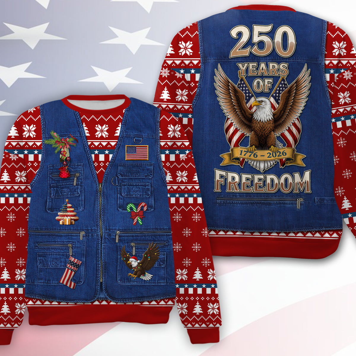 250 Years Of Freedom Ugly Sweater, 250 Years Anniversary Of United States Christmas All-Over-Printed Sweatshirt 683619