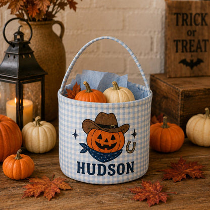 Personalized Halloween Basket For Kids, Custom Name Trick Or Treat Bucket, Embroidered Gingham Candy Bucket 686181 WFD