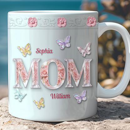 Personalized Mom Mug With Kid's Names | Mother's Day Present White Mug Accent Mug | Floral Coffee Cup Gift For Mom 684589