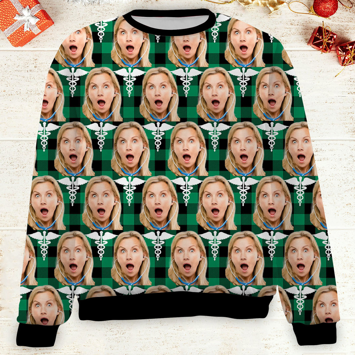 Custom Face Christmas Sweatshirt, Personalized Photo Nurse Theme Sweater, Christmas All-Over-Printed Sweatshirt 682645