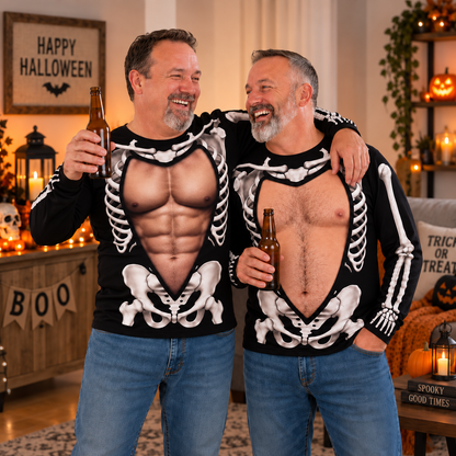 Funny Halloween Ugly Sweater For Men, Fake Belly Skeleton All-Over Print Sweatshirt 686184 WFD