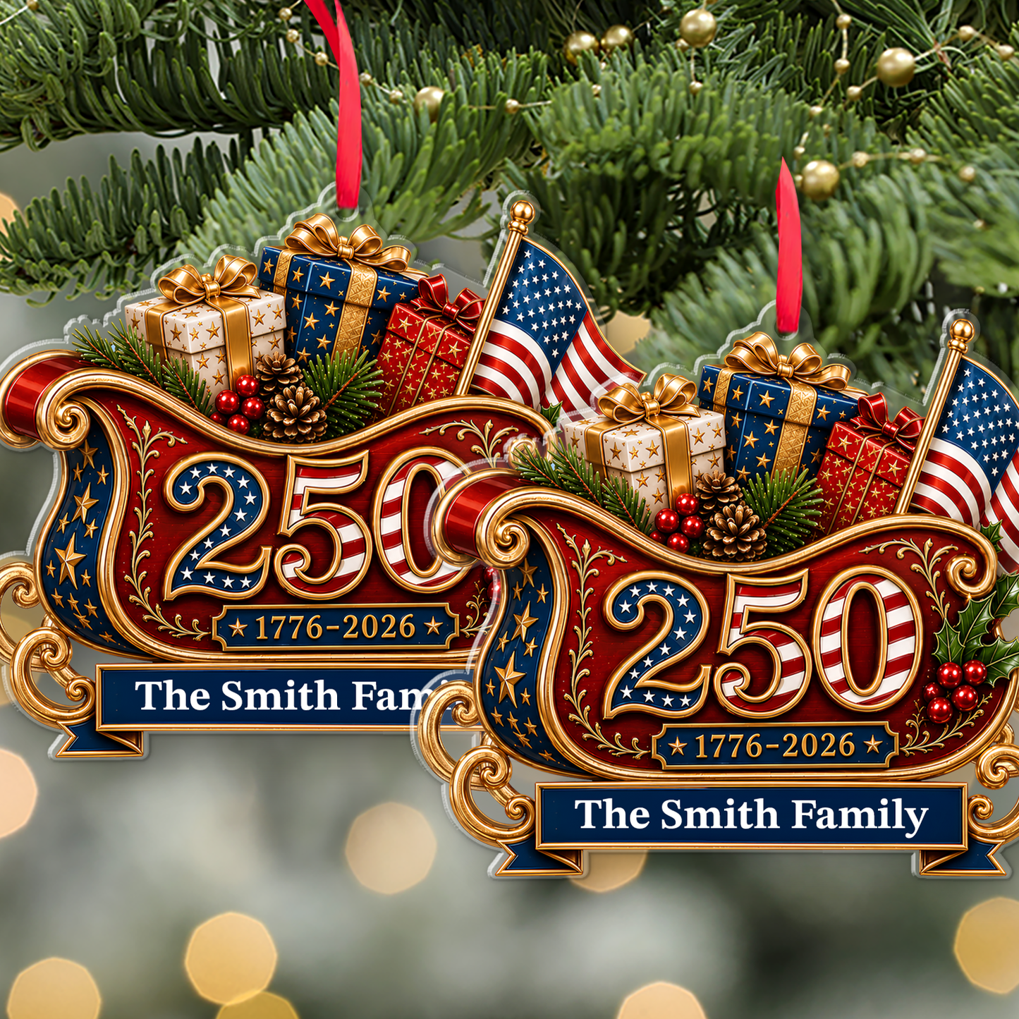 Personalized America 250th Anniversary Sleigh Acrylic Ornament, Custom Name 1776-2026 Patriotic Christmas Tree Decor 685926