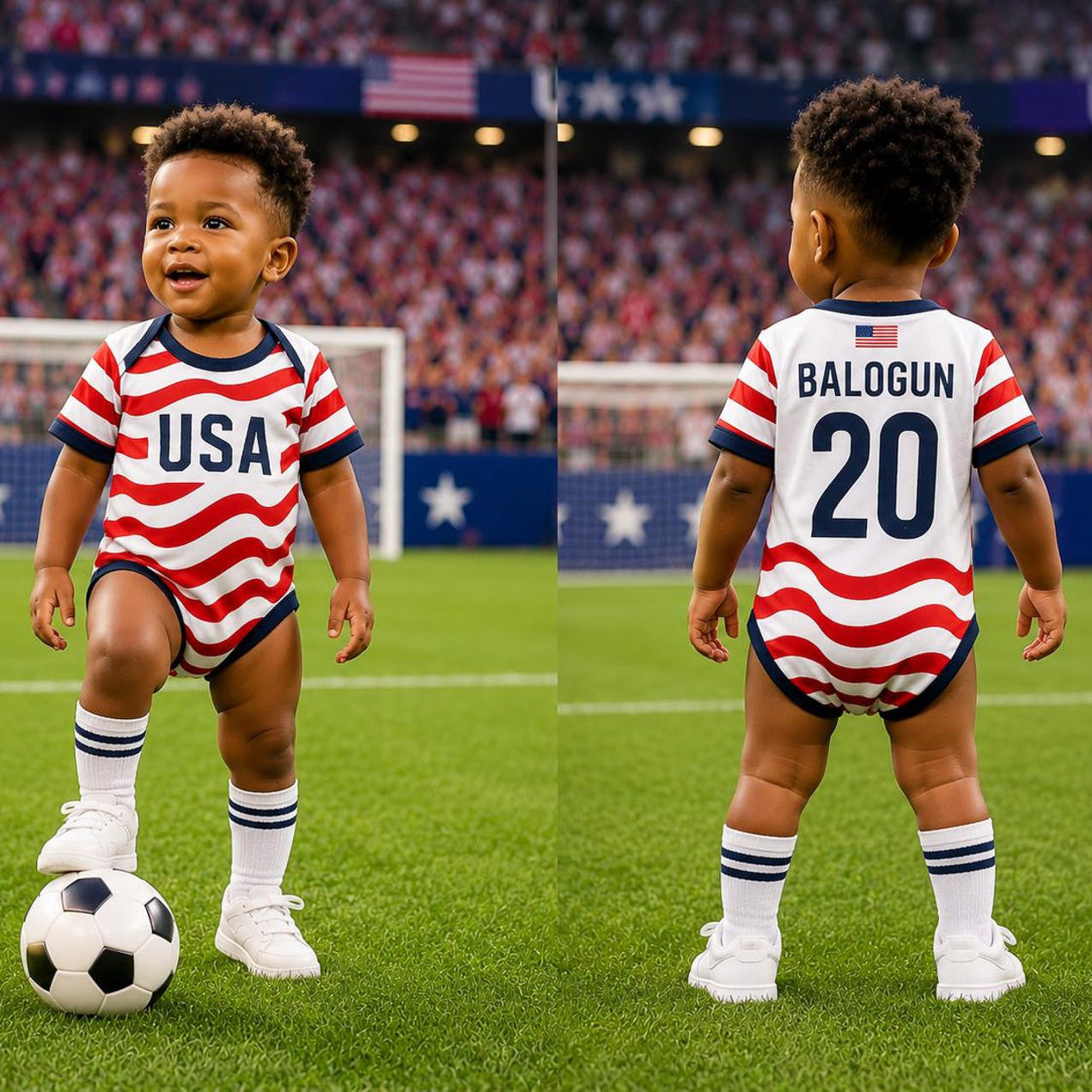 Personalized USA Flag Soccer Baby Suit, Custom Name Soccer Uniform Kit, Gift For Newborn 685388