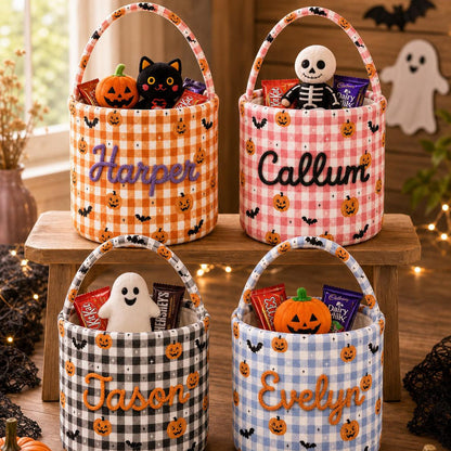 Personalized Halloween Basket For Kids, Custom Name Pumpkin Bat Candy Bucket, Embroidered Gingham Bucket 686279 WFD