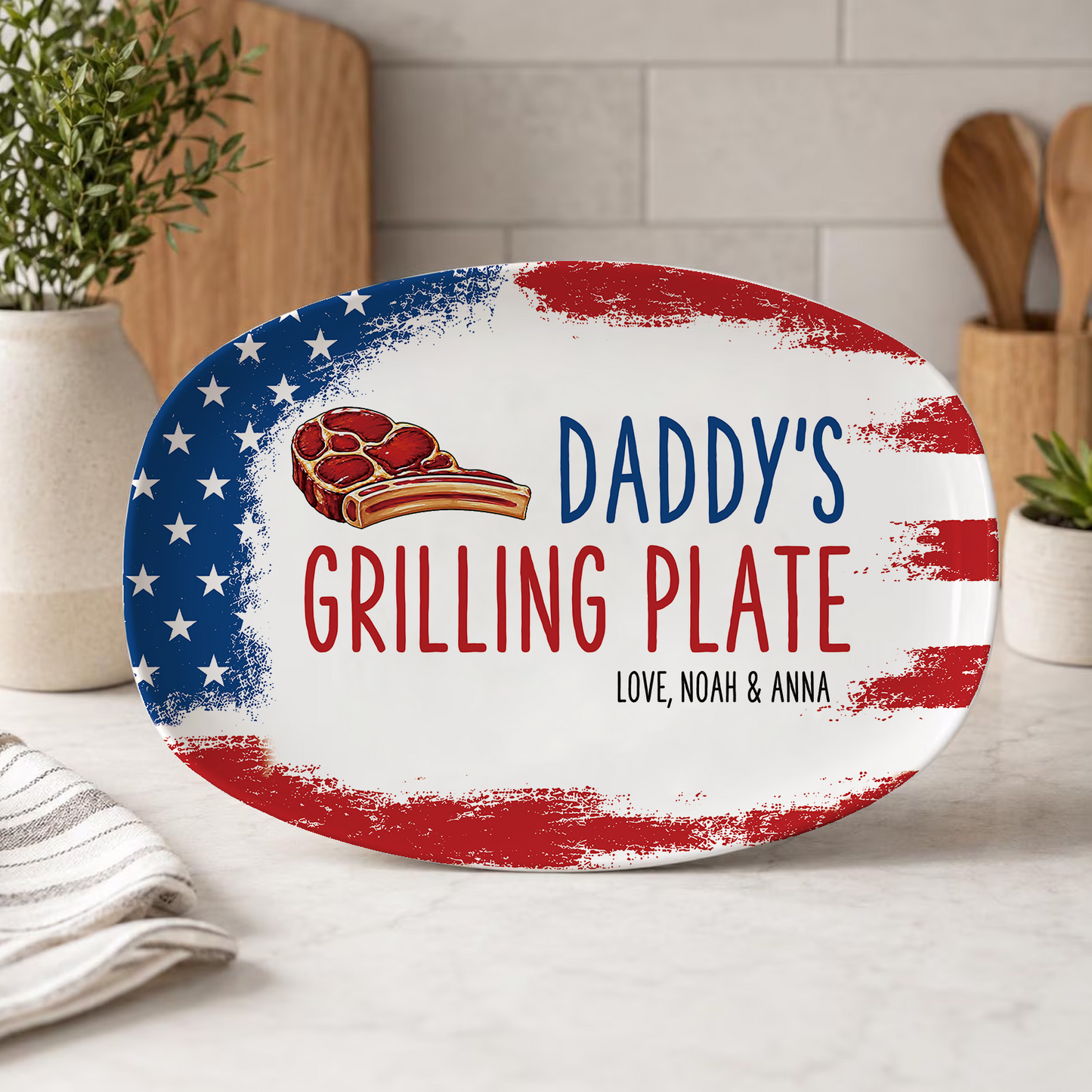 Personalized Daddy’s Grilling Plate, Custom Name BBQ Serving Tray Platter, 4th Of July Gift For Family 685222