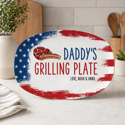 Personalized Daddy’s Grilling Plate, Custom Name BBQ Serving Tray Platter, 4th Of July Gift For Family 685222