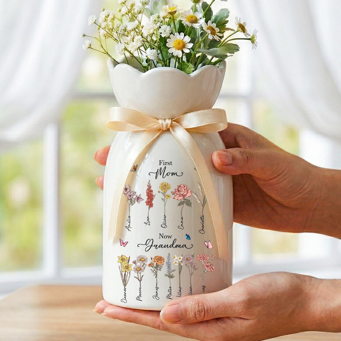 Custom Name First Mom Now Grandma Ceramic Flower Vase | Personalized Birth Month Flower Vase Gift For Mother's Day 684842