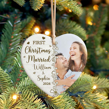 Custom Photo First Christmas Married Ceramic Ornament, Personalized Heart Ornament, Christmas Keepsake Gift 686229