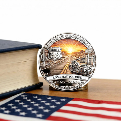 Personalized Route 66 Centennial Coin | Vintage Motorcycle Road Trip Design Coin Gift For Biker 684689