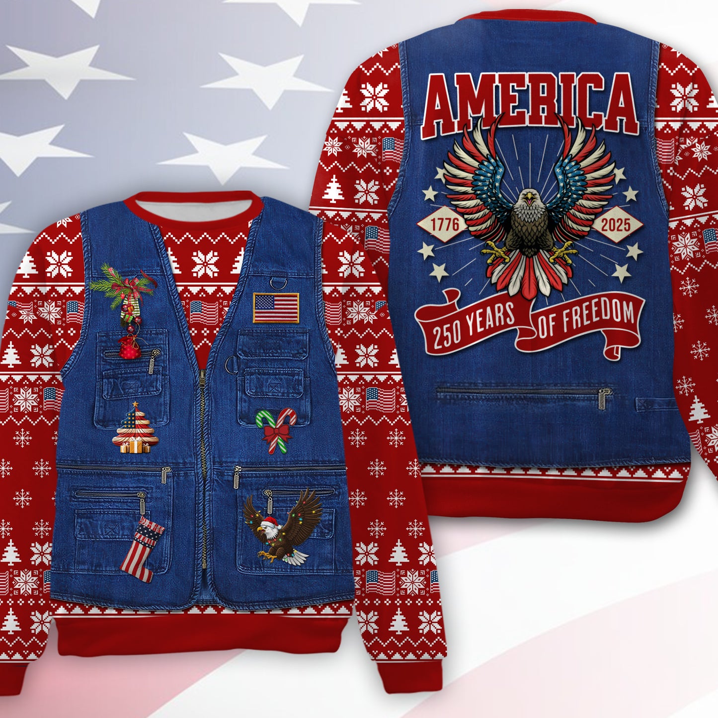 250 Years Of Freedom Ugly Sweater, 250 Years Of United States Anniversary Christmas All-Over-Printed Sweatshirt 683603