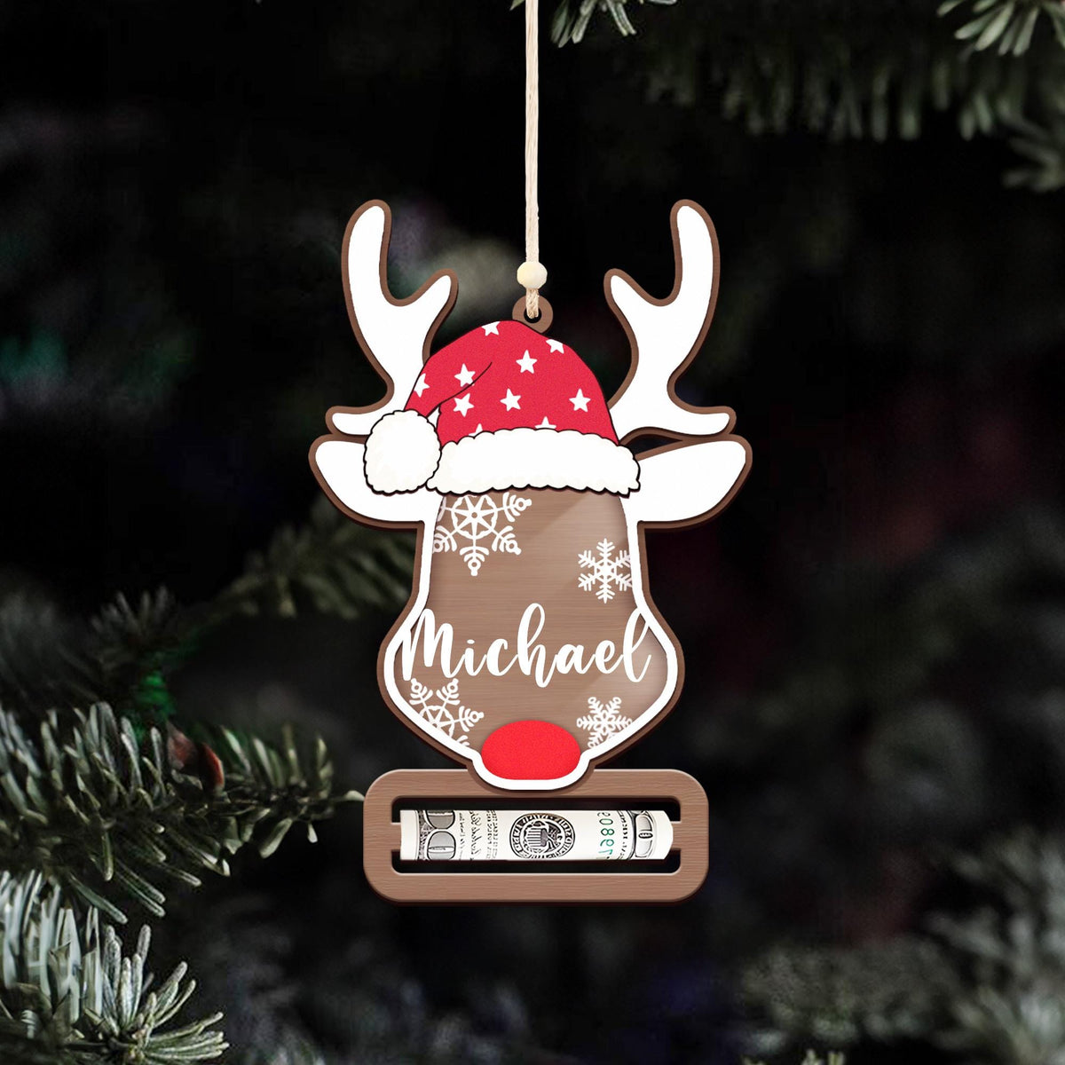 Personalized Christmas Reindeer Money Holder Ornament, Wooden Cash Holder, Holiday Gift For Family 686241 WFD