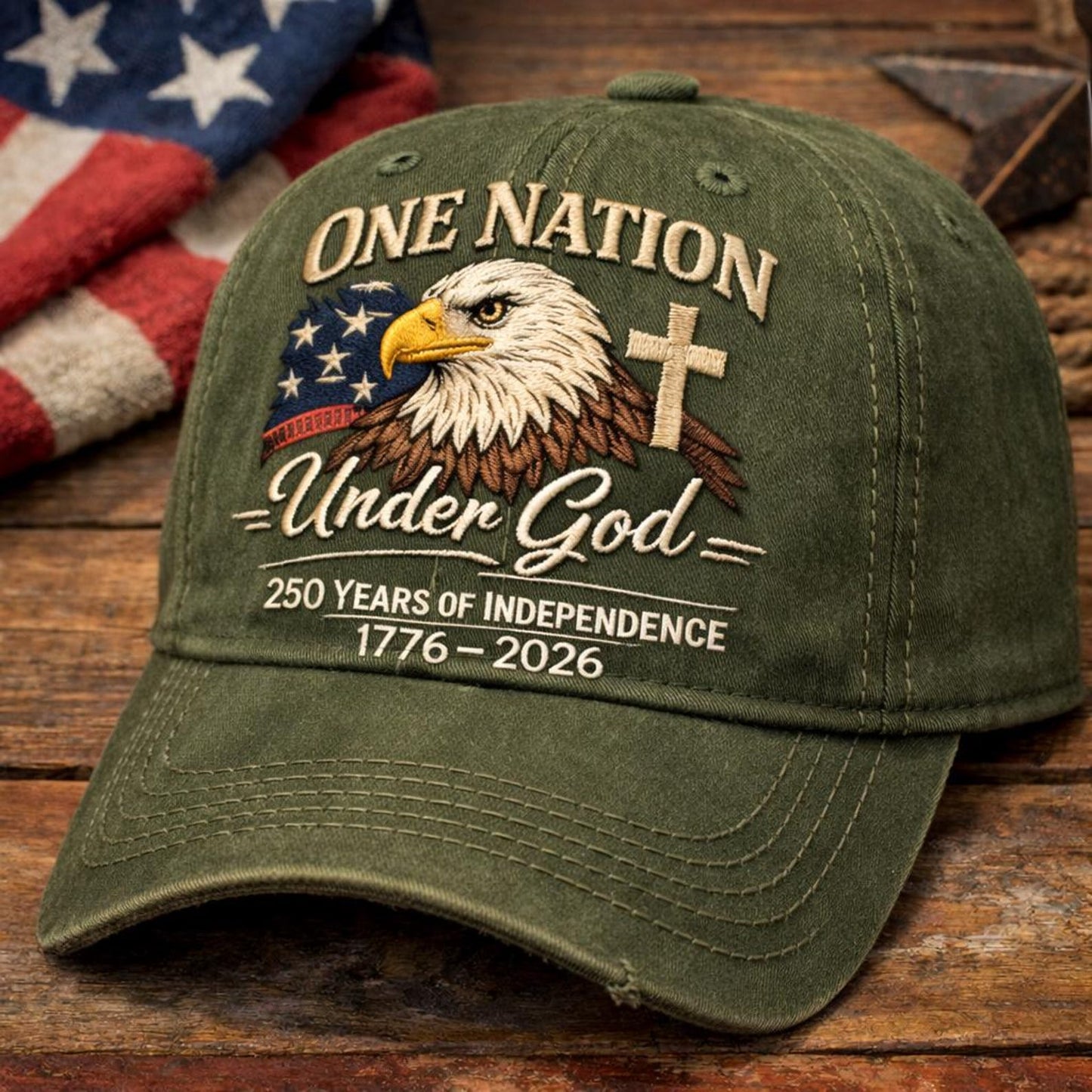 One Nation Under God - USA 250th Anniversary Vintage Washed Baseball Cap, Patriotic 1776-2026 Adjustable Denim Hat 685220