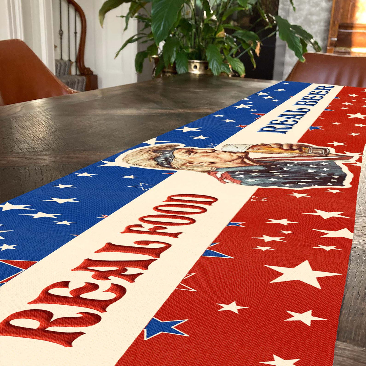 Real Food Real Beer Table Runner | Trump Retro Kissing Beer 4th Of July | Independence Day Table Runner For Kitchen 682330 - GOP