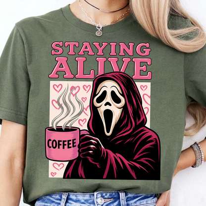 Funny "Staying Alive" Coffee Horror Dark Shirt, Funny Spooky Halloween Tee 685830