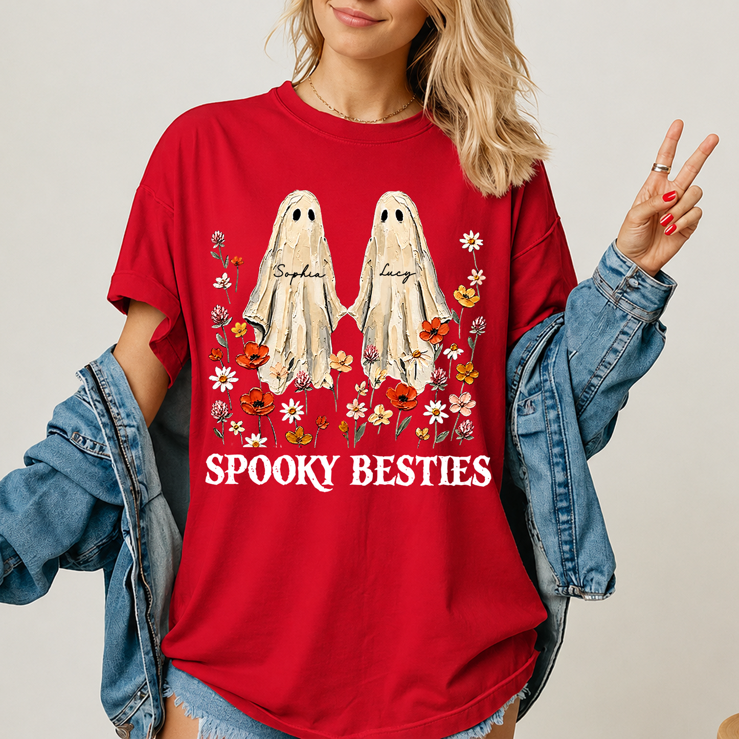 Custom Name Spooky Besties Dark Shirt, Personalized Ghost Floral Tee, Halloween Gifts For Friends 685971