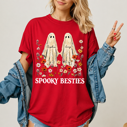 Custom Name Spooky Besties Dark Shirt, Personalized Ghost Floral Tee, Halloween Gifts For Friends 685971