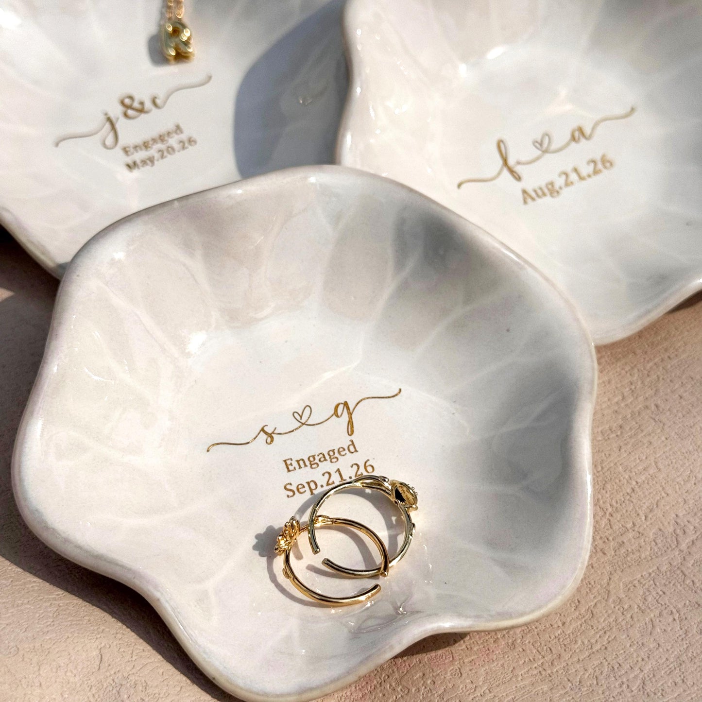 Custom Name Engaged Lotus Shape Jewelry Dish | Personalized Jewelry Dish | Wedding Date Gift 685474 WFD