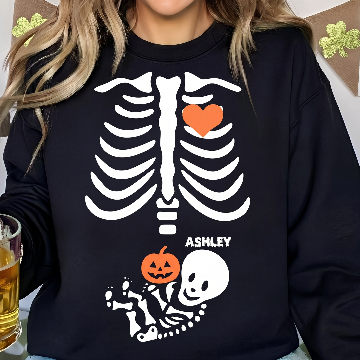 Personalized Skeleton Maternity Dark Sweater Large Print | Custom Name Skeleton Tee | Cute Baby Bump Halloween Gift 685918