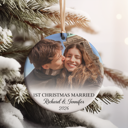 Personalized Engagement Ceramic Ornament, Custom Photo First Christmas Married Ornament, Marriage Ceremony Gift 685775