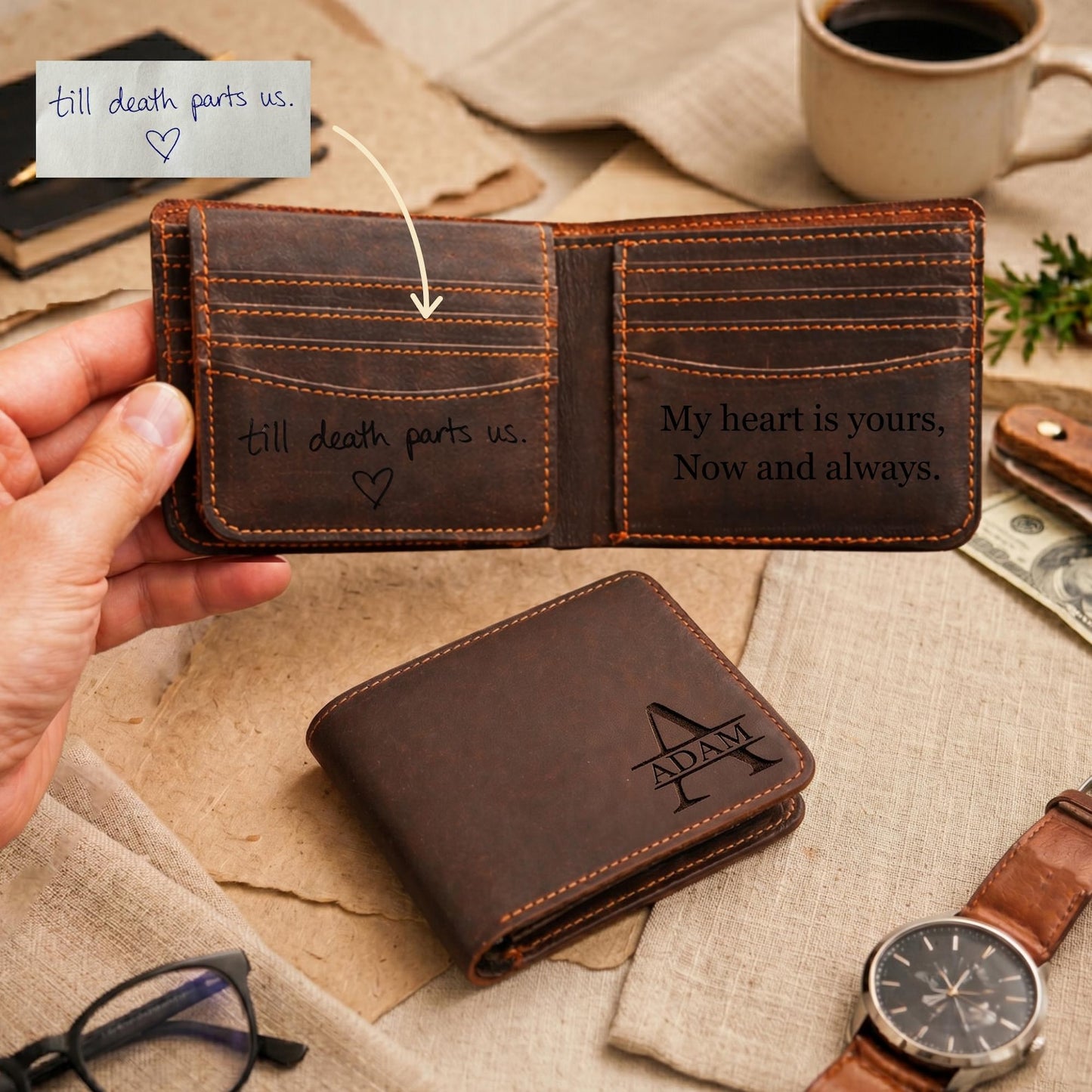 Personalized Leather Mens Wallet | Engraved Father's Day Wallet For Dad And Grandpa | Birthday Gift For Men 684985