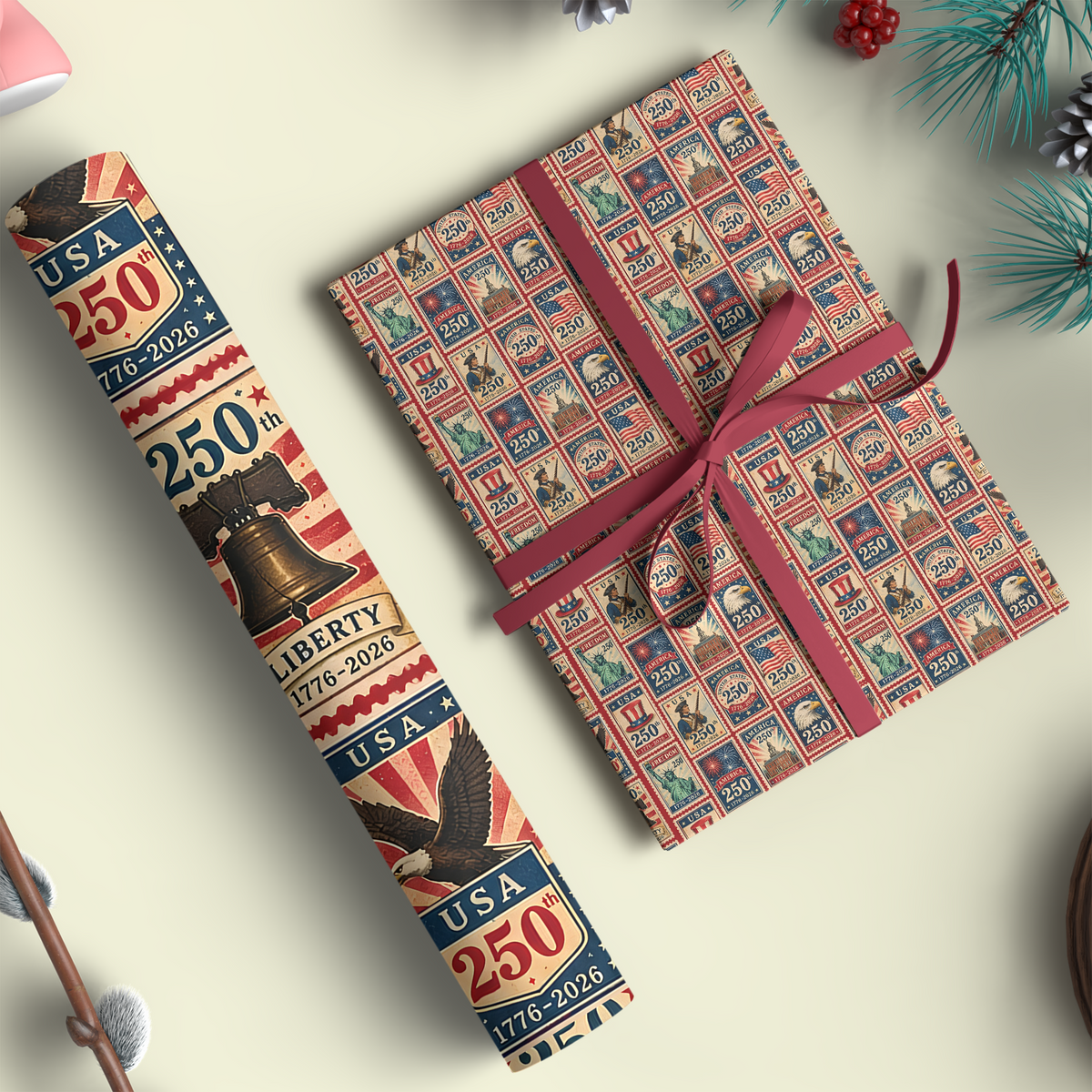 USA 250th Anniversary Wrapping Paper, 1776-2026 Patriotic Gift Wrap, Christmas Decor Gift 686223