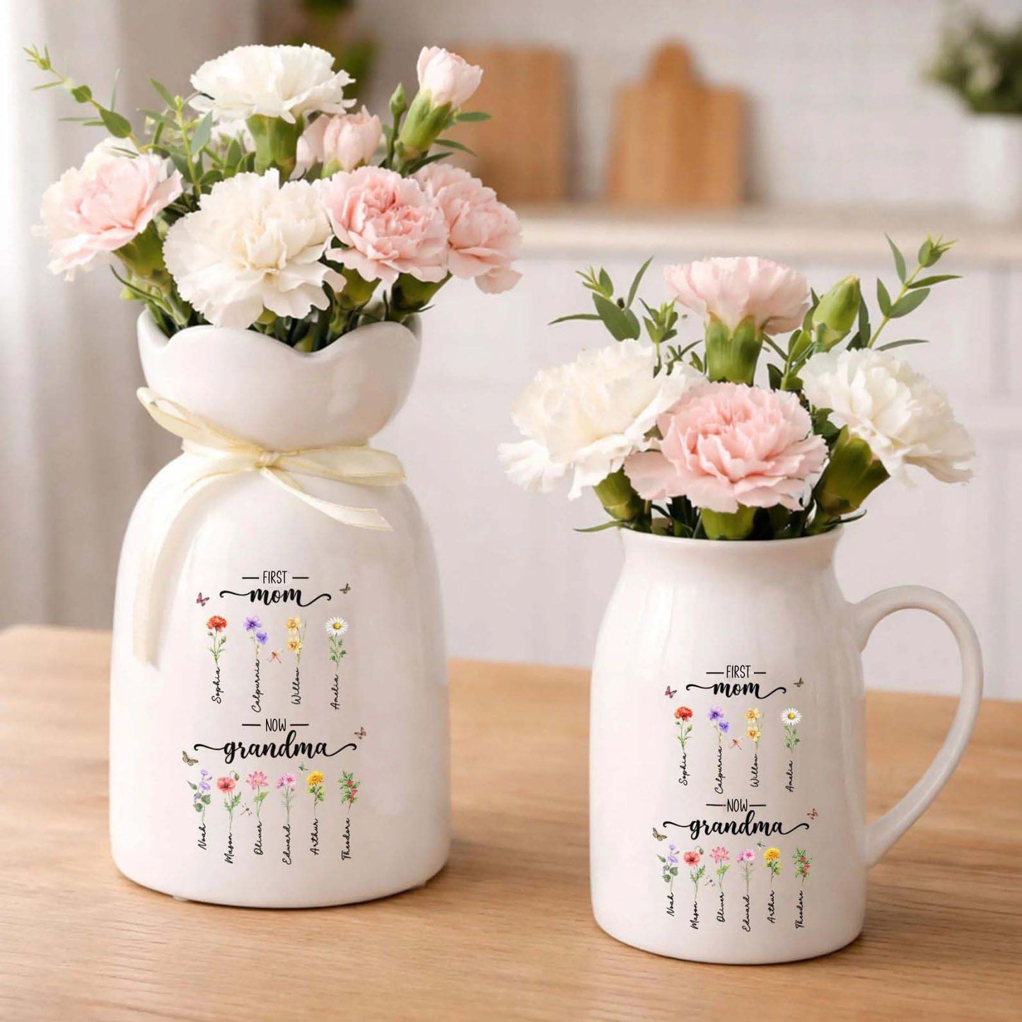 Custom First Mom Now Grandma Ceramic Flower Vase | Personalized Ceramic Vase | Custom Birth Month Flower Vase 684737