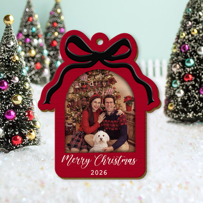 Custom Photo Bow Frame Wooden Ornament, Personalized Christmas Ornament, Gift For Family 686018