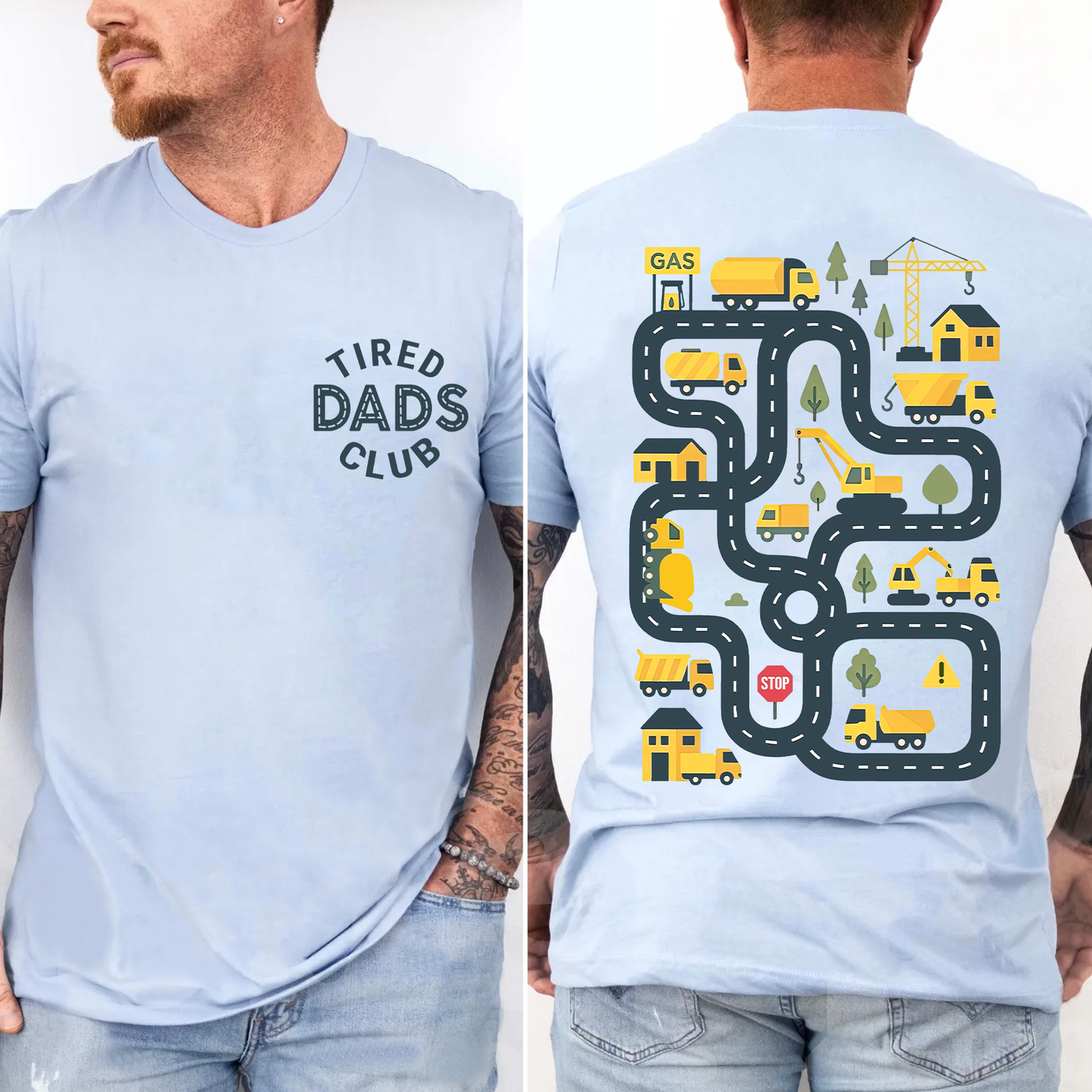 Funny Tired Dads Club Bright Shirt With Construction Track Back Print, Father’s Day Pocket & Back Shirt 684934