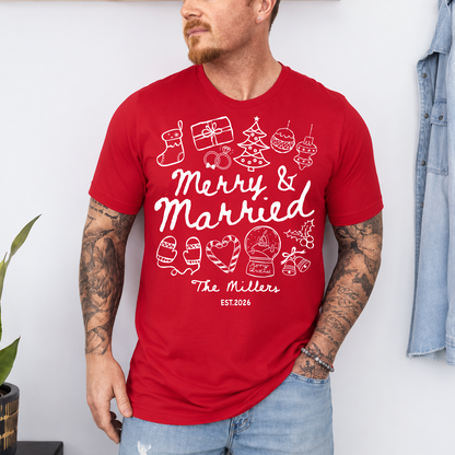 Personalized Merry And Married Shirt, Custom Couples Christmas Tee, Matching Couple Apparel 686302