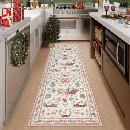 Traditional Santa & Reindeer Christmas Runner Rug - Festive Holiday Welcome Mat 686515 WFD