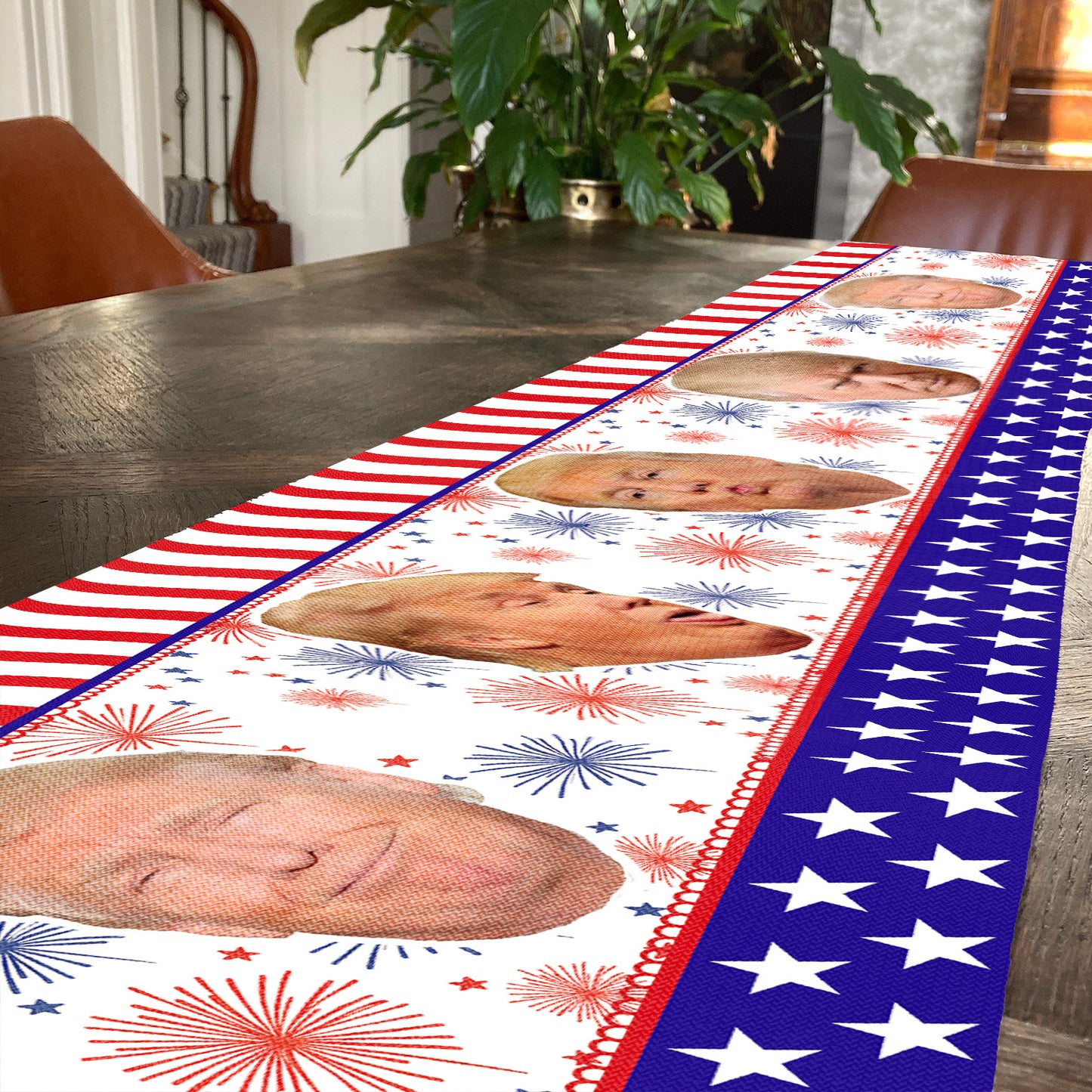 Trump Face Fireworks Table Runner | Personalized Trump President 4th Of July | Independence Day Table Runner For Kitchen 682332 - GOP