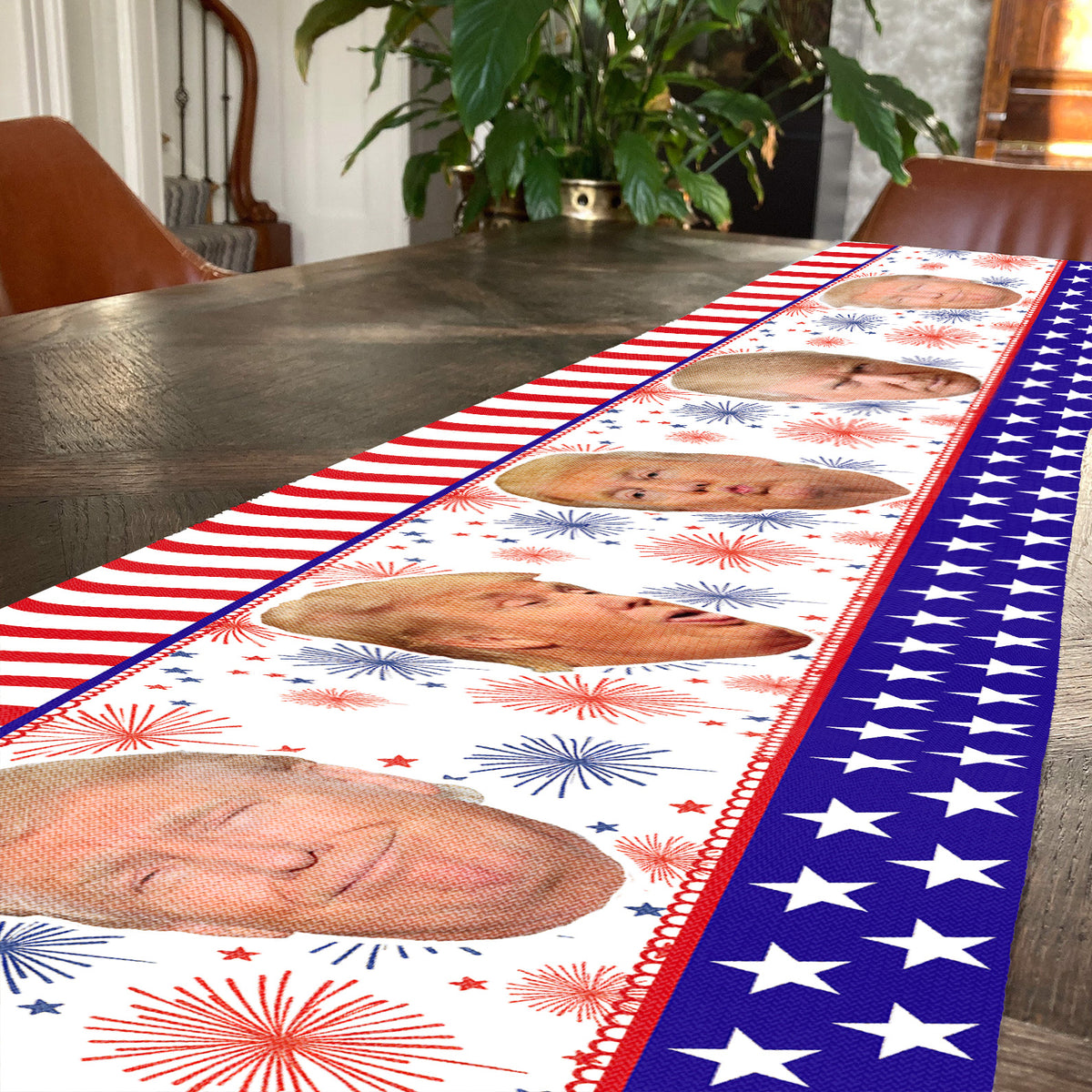 Trump Face Fireworks Table Runner | Personalized Trump President 4th Of July | Independence Day Table Runner For Kitchen 682332