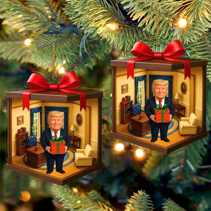 Trump 2D Acrylic Ornament | MAGA Isometric Holiday Decor | Patriotic Funny Gift Box Style Christmas Ornament  683493 - GOP