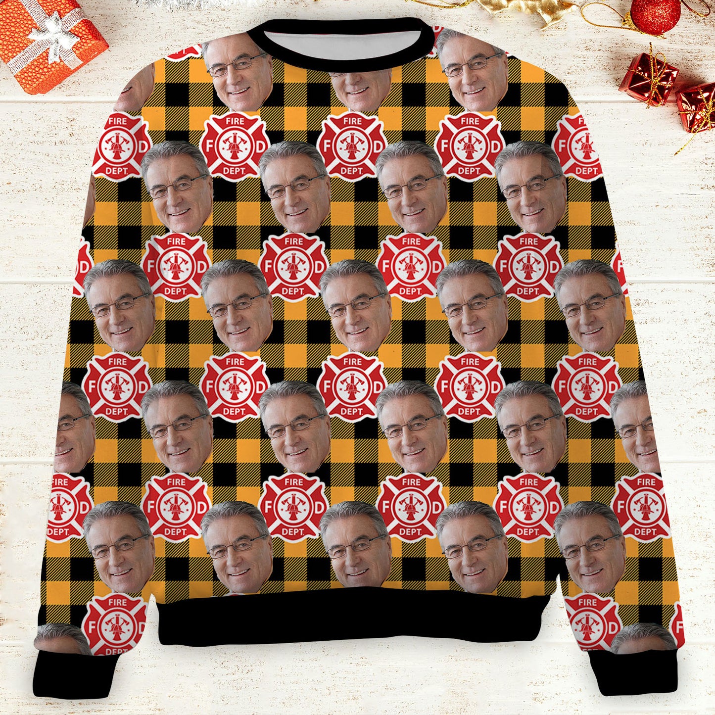 Custom Face Christmas Sweatshirt, Personalized Photo Firefighter Theme Sweater, Christmas All-Over-Printed Sweatshirt 682647