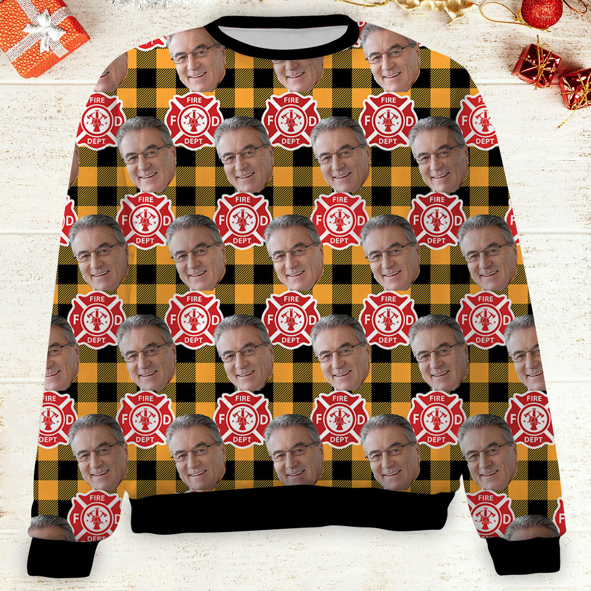 Custom Face Christmas Sweatshirt, Personalized Photo Firefighter Theme Sweater, Christmas All-Over-Printed Sweatshirt 682647