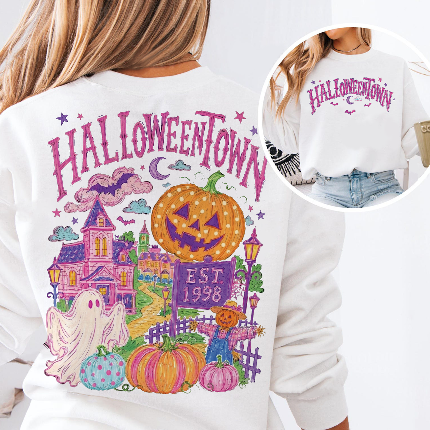 Retro Halloweentown Est 1998 Graphic Front & Back Bright Shirt, Trendy Pastel Halloween Apparel 685861