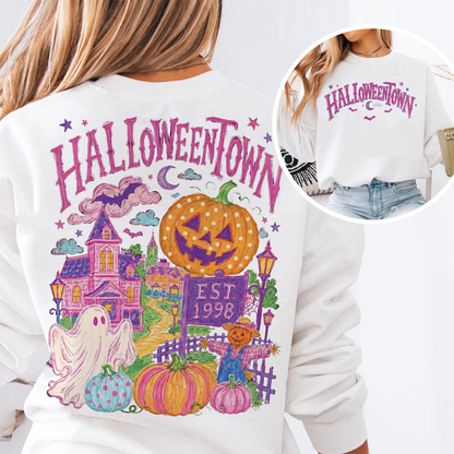 Retro Halloweentown Est 1998 Graphic Front & Back Bright Shirt, Trendy Pastel Halloween Apparel 685861