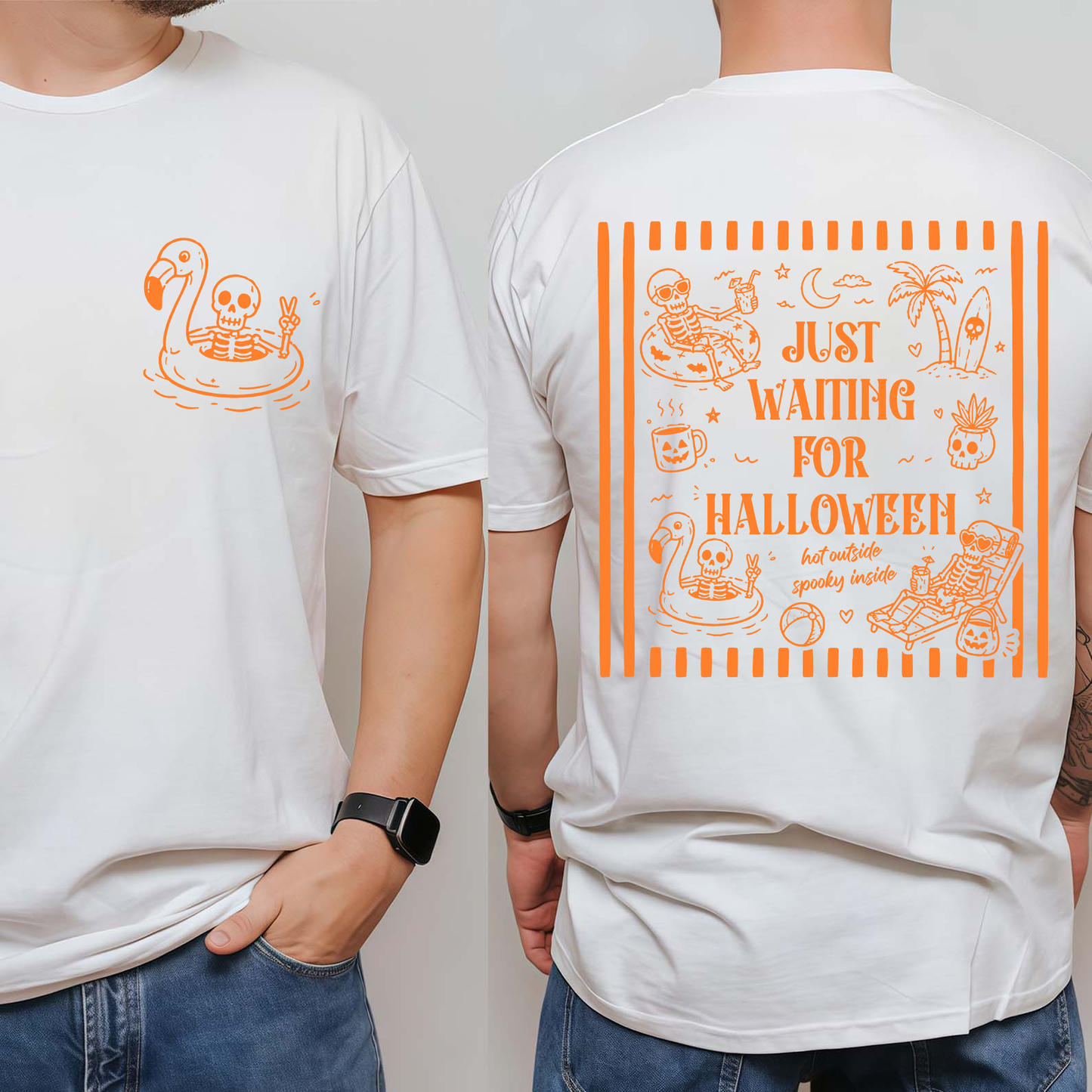 Just Waiting For Halloween Front & Back Bright Shirt, Summer Skeleton Striped Tee, Gift For Halloween 685625