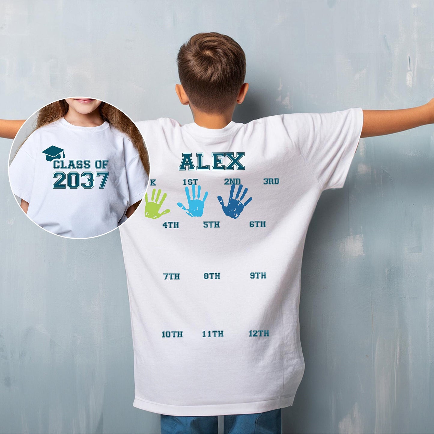 Personalized Class Of 2037 Handprint Large Front & Back Bright Shirt, Custom Year Graduation Tee 685666